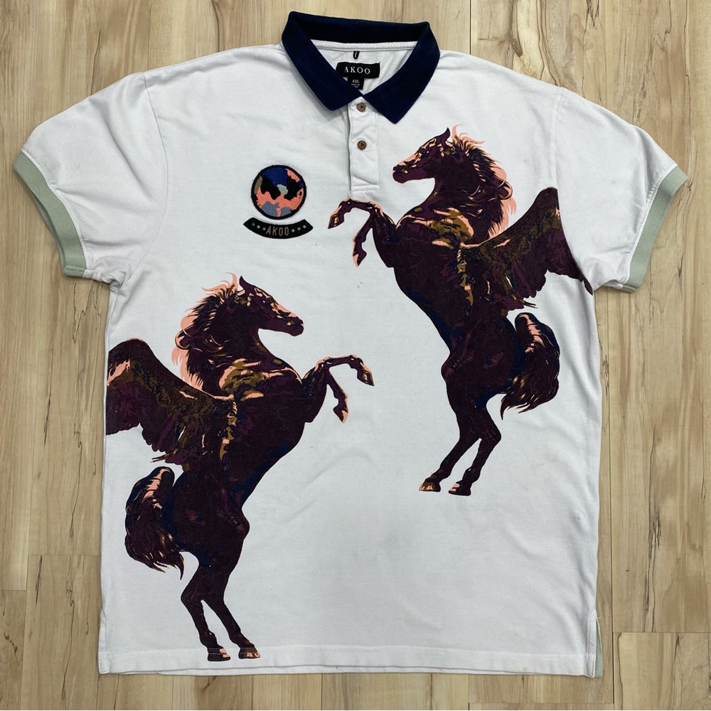 AKOO Polo Shirt White Embroidered Emblem 2 Big Pegasus on Chest Size 4XL